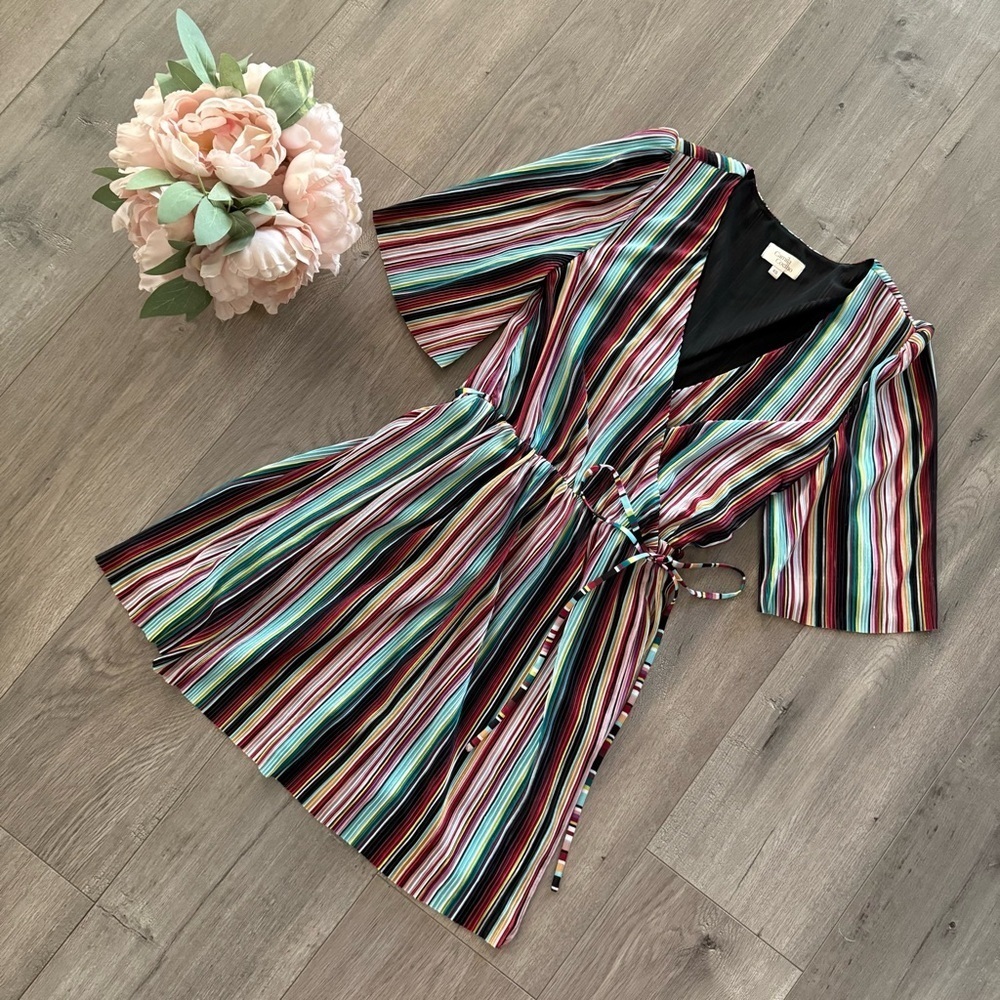 Camila Coelho Robe Courte Violetta‎ Colorful Stripe Pleated Wrap Mini Dress